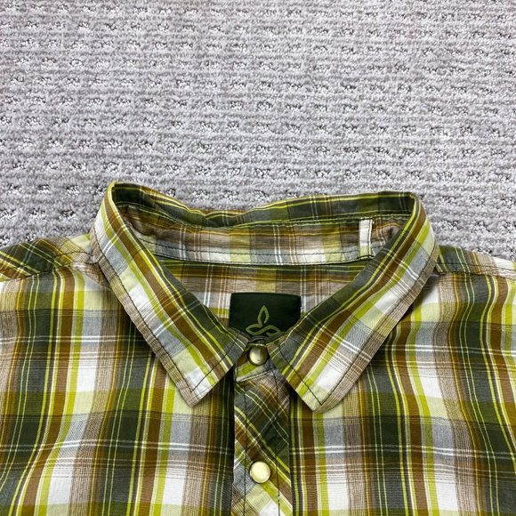 PRANA Shirt Men Extra Large XL Green Plaid Button Up Pearl Snap India Casual - Picture 3 of 9